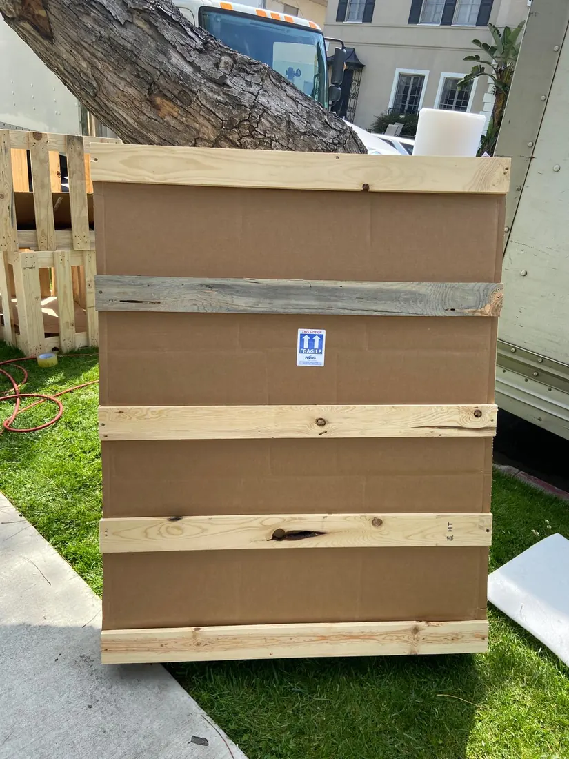 After: the wall art sculpture sealed in a braced wooden crate